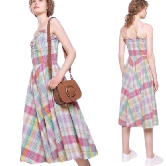 Polo by Ralph Lauren Check Print‎ Plaid Spaghetti Strap Ruffle Dress - Picture 1 of 7